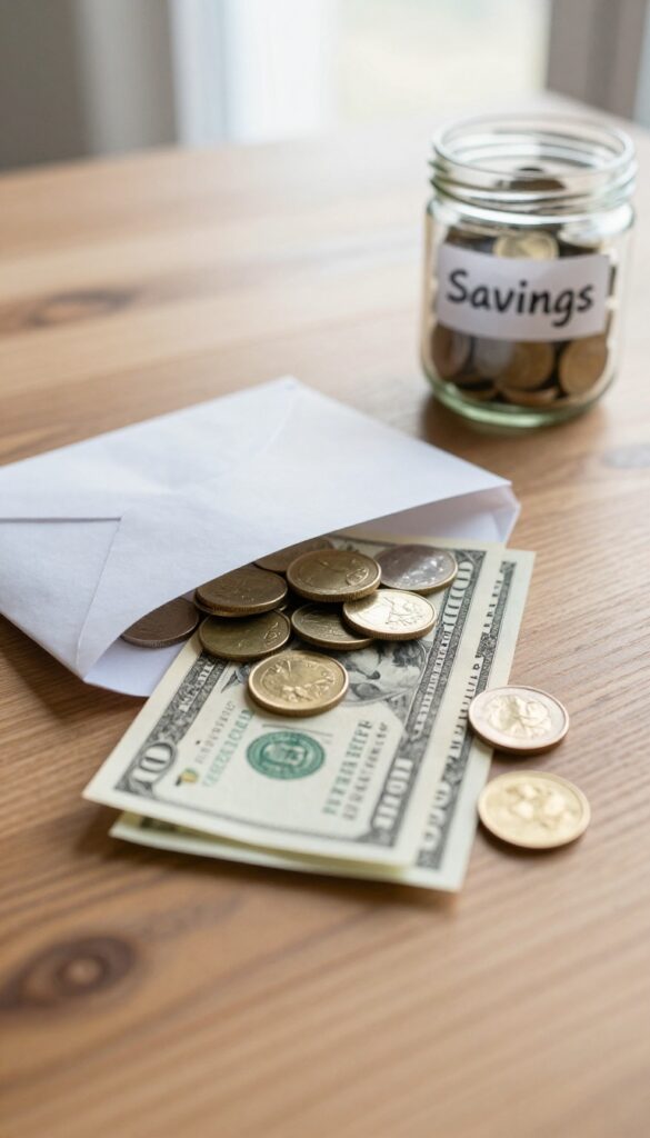 Open envelope with check and cash spilling out beside a savings jar
