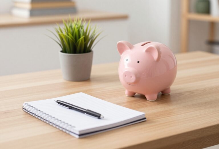 Piggy bank and notebook on a desk representing a savings plan