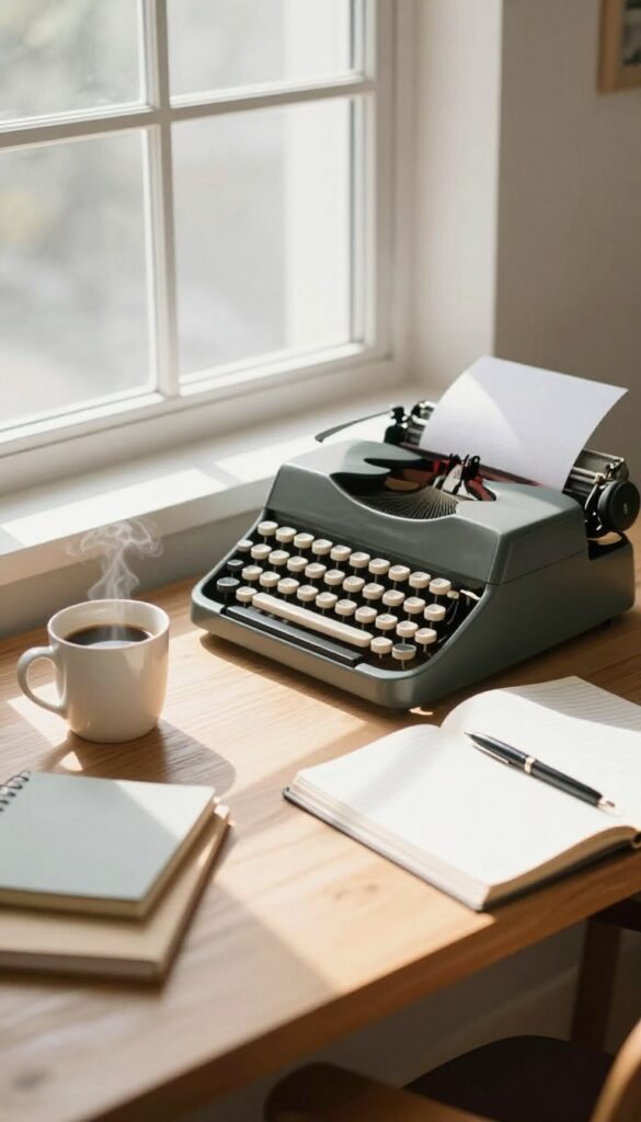 Cozy workspace with typewriter and coffee by sunny window