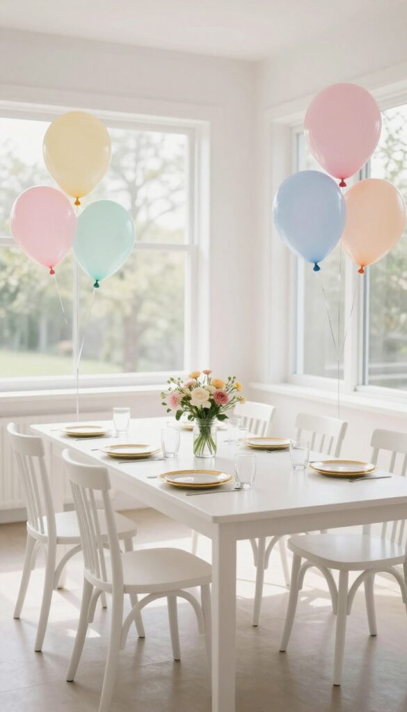 Event planning setup with pastel balloons, white table with gold-rimmed plates, and fresh flowers in bright natural light.