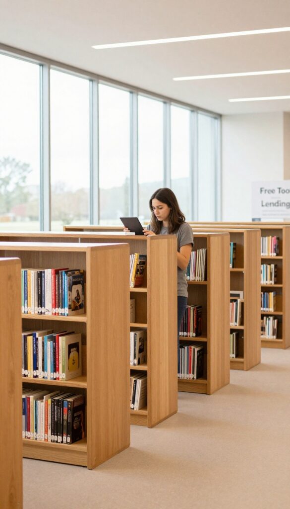 Woman browsing shelves in a bright library with free tool lending sign