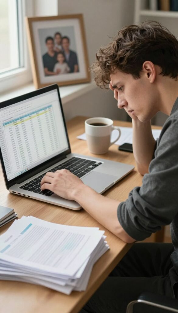 A person working at a home office desk with a laptop, bills, and coffee, looking stressed about side hustle income fluctuations.