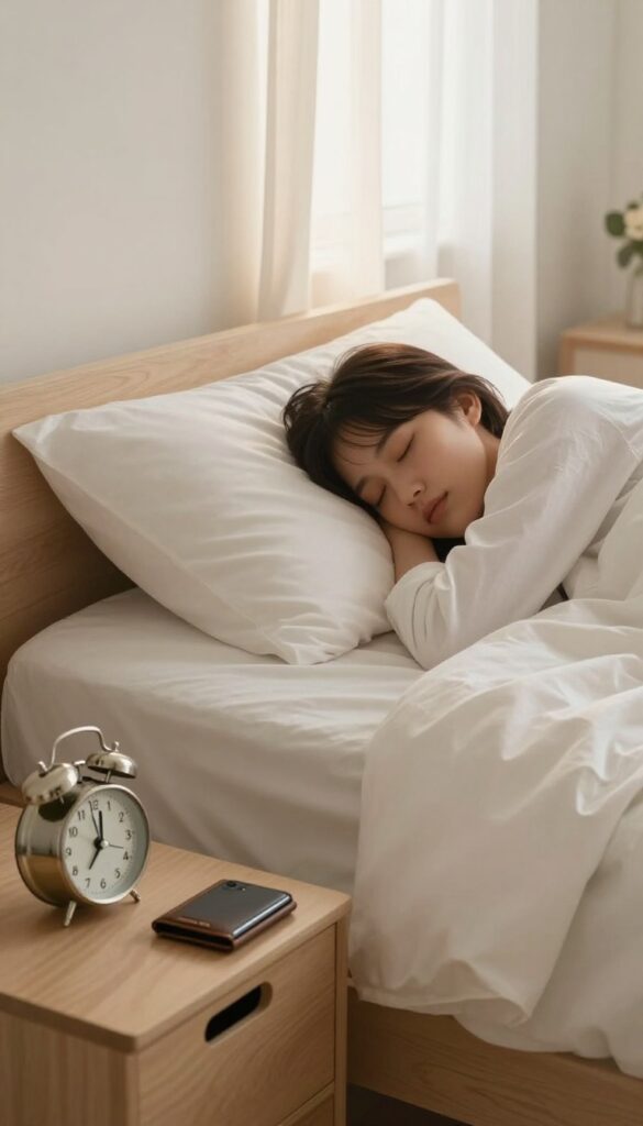 Person sleeping in bed with wallet and phone on nightstand, representing the 'Sleep On It' rule for financial decisions.