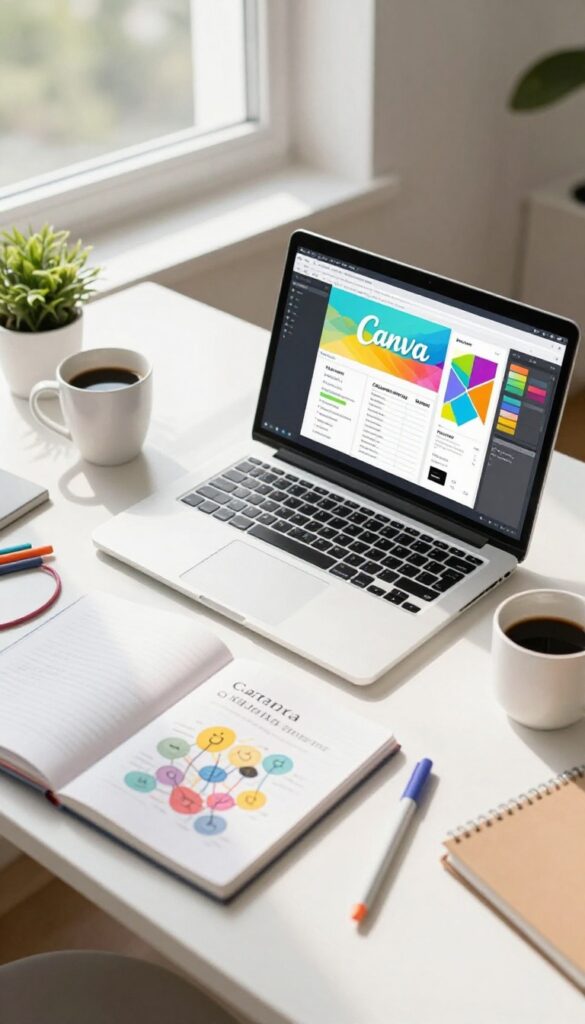 A bright desk setup with a laptop showing a graphic design project in Canva, surrounded by art supplies and a coffee cup.