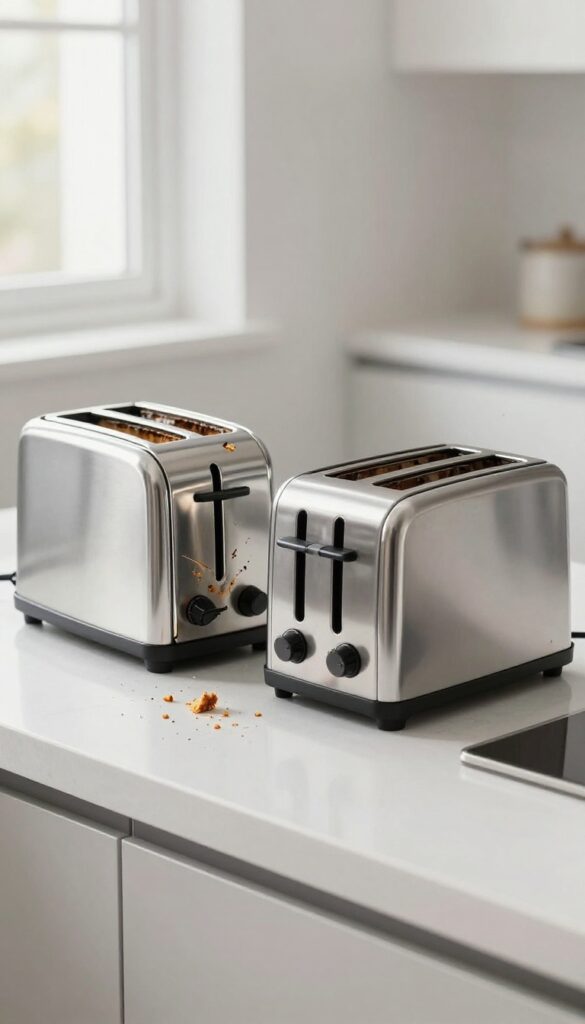 Comparison of a broken cheap toaster and a quality toaster on a kitchen counter