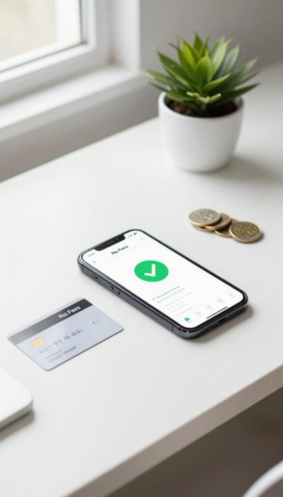 Flat lay of a smartphone with a banking app, a no-fee bank card, coins, and a plant on a white desk.