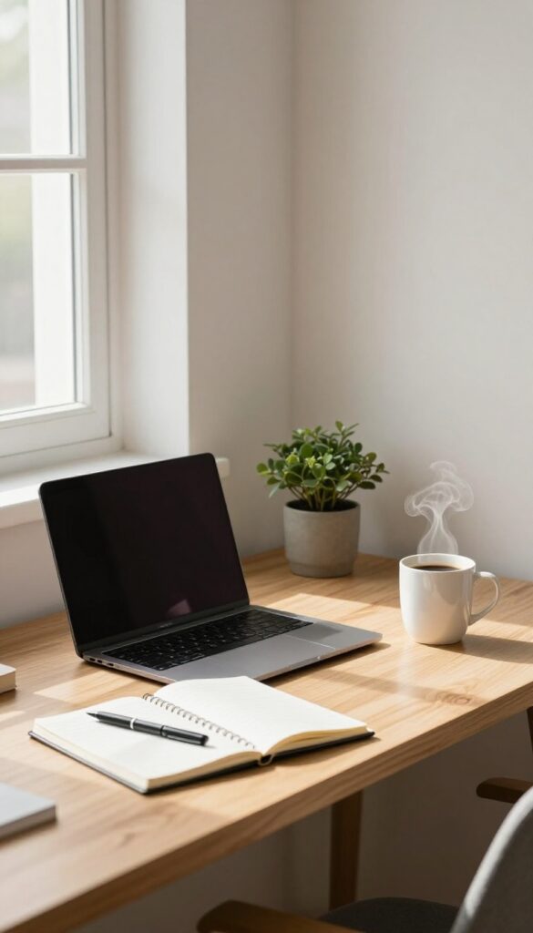 Cozy home office setup with laptop, coffee, notebook, and plant, bathed in natural light.