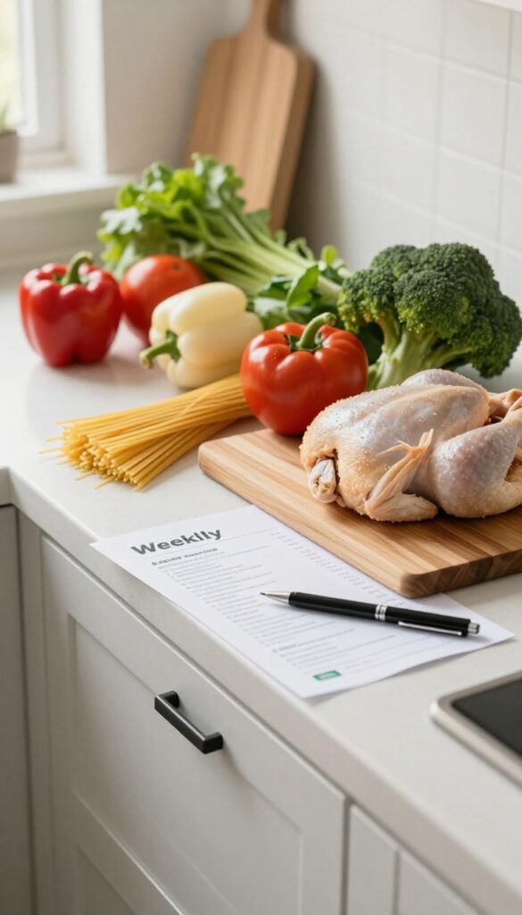 Fresh vegetables, chicken, and pasta on a kitchen counter with a grocery sales flyer