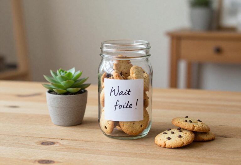 Homemade frugal gifts on a wooden table including a mason jar cookie mix, handwritten note, and succulent