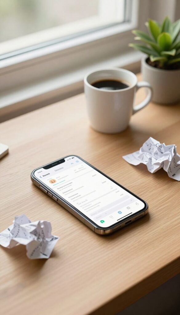 Smartphone with receipt scanning app on a wooden desk next to a crumpled receipt and coffee cup