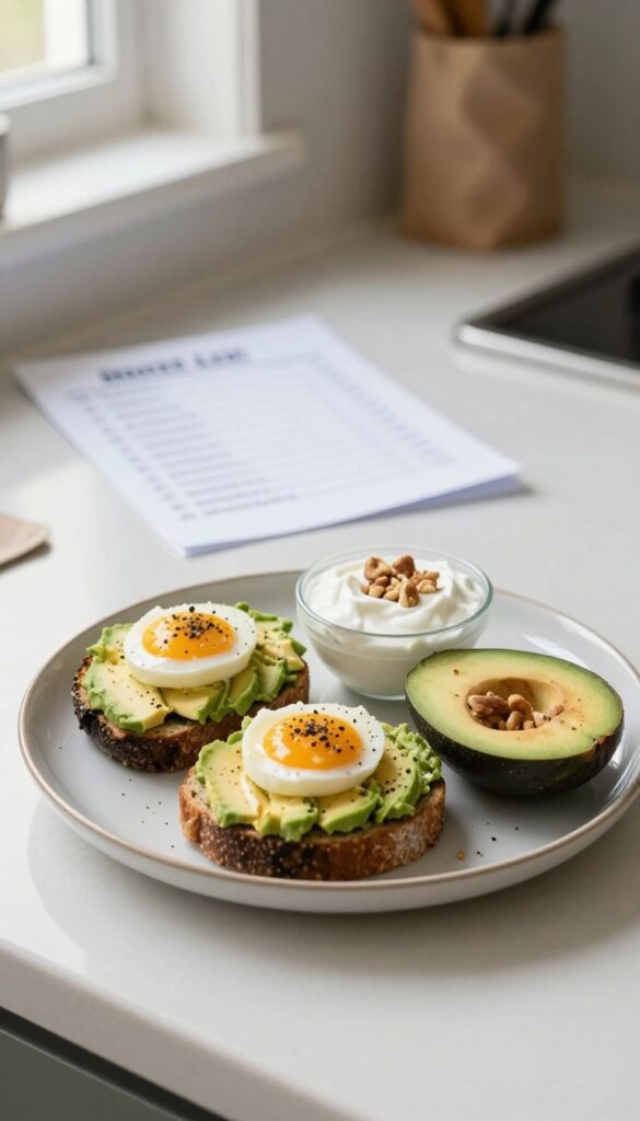 A plate of avocado toast and Greek yogurt with nuts on a kitchen counter, with a shopping list and tote bag in the background, representing eating before shopping to avoid impulse buys.