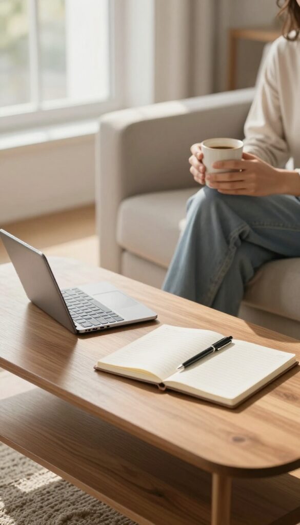 Person reviewing budget on Sunday morning with coffee, phone, and notebook on coffee table.