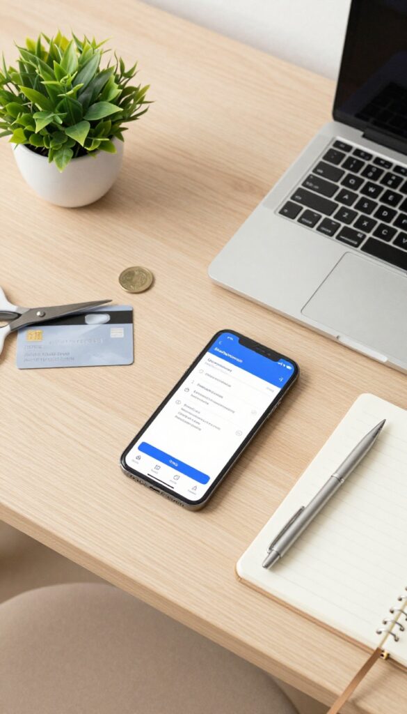 Minimalist desk flat lay with smartphone, laptop, notebook, and scissors cutting a credit card representing subscription management.