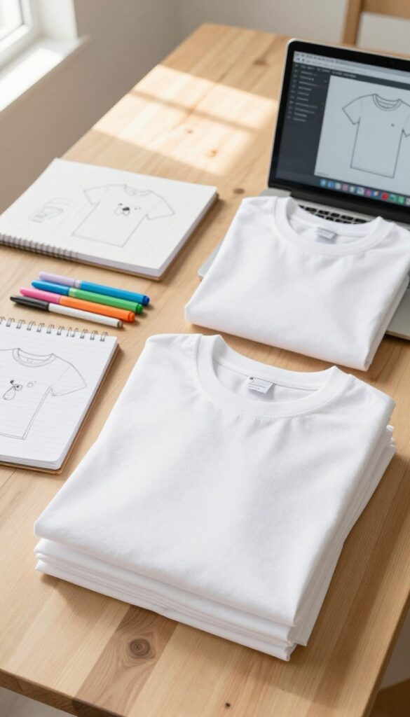 Flat lay of print-on-demand t-shirt business with blank shirts, laptop showing design, sketchbook, and markers on wooden table in natural light.