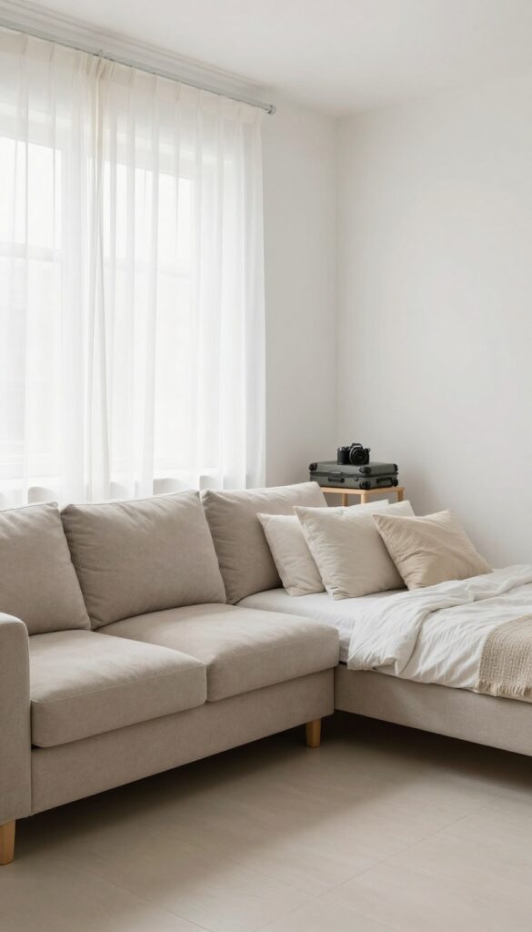 Cozy living room with a guest bed and camera on side table, representing renting out space or belongings for extra income.