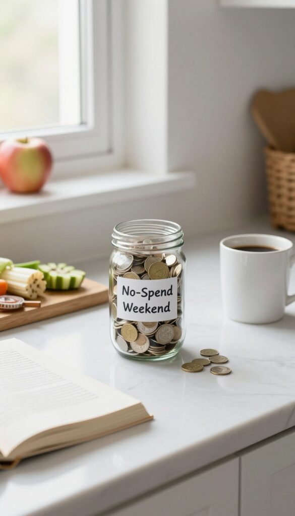 A jar labeled No-Spend Weekend filled with money on a kitchen counter with groceries and a coffee mug