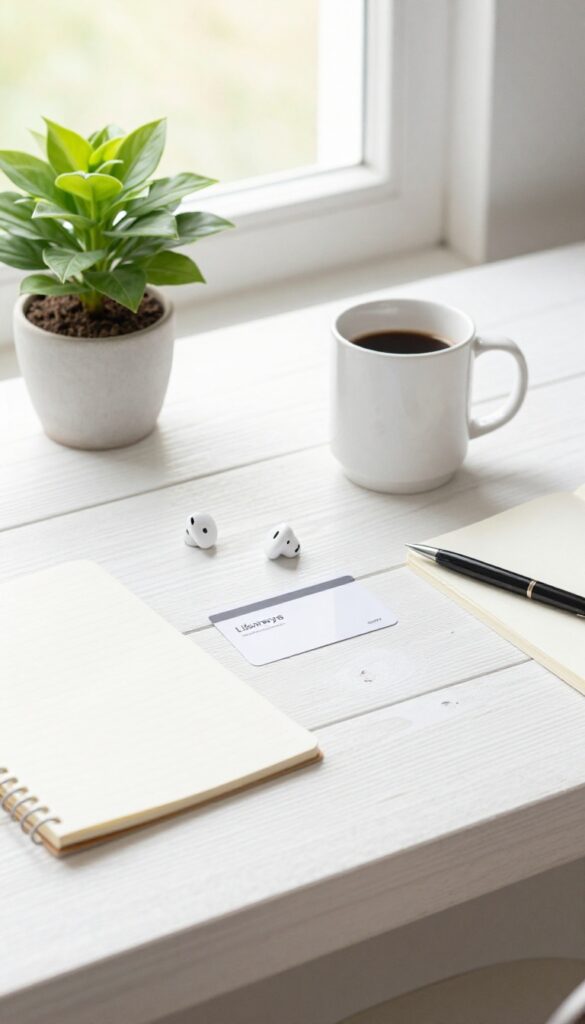 A flat lay of entertainment budget items including earbuds, a library card, and a notebook on a bright table.