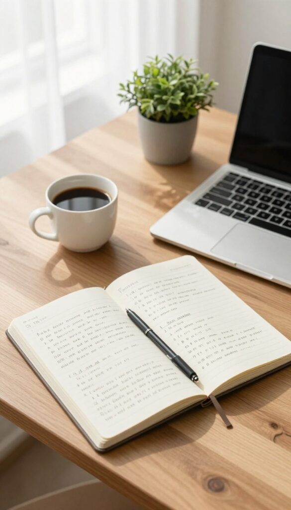 Overhead view of a notebook with handwritten blog post ideas, coffee, laptop, and plant on a desk.