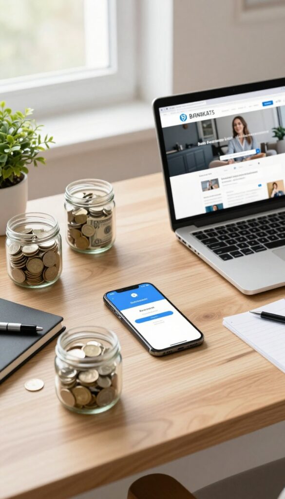 A desk with a laptop, smartphone, and a jar of coins representing automated savings.