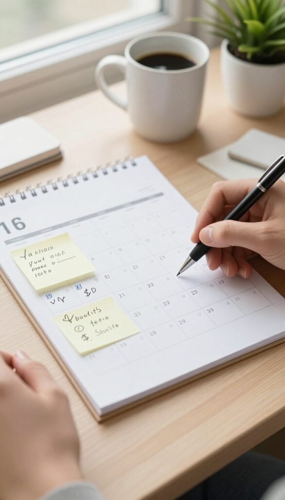 Person reviewing a monthly budget calendar with pen and sticky notes on a wooden desk