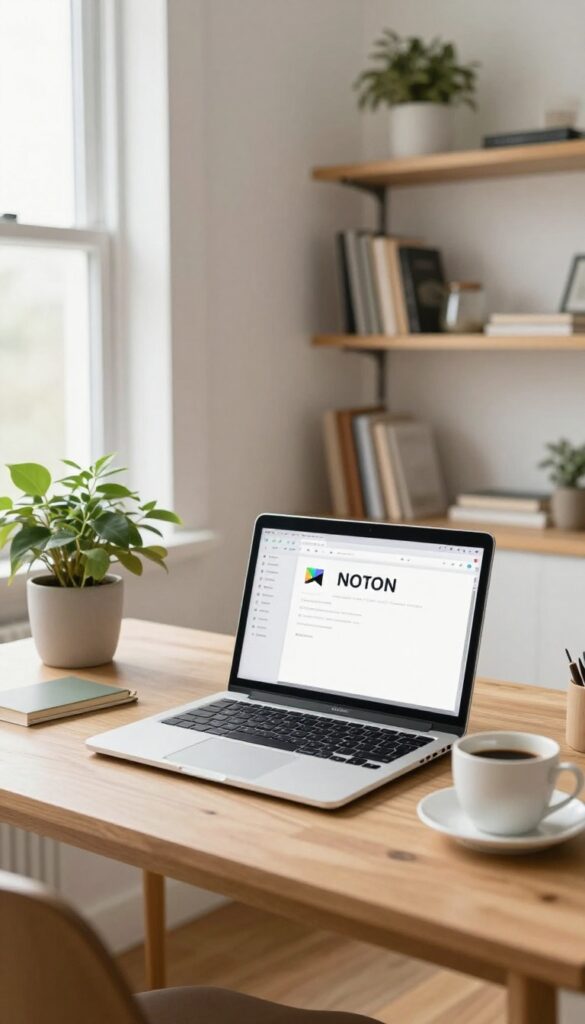 A photorealistic home office workspace with a laptop, plant, and coffee, bathed in natural light, representing productivity for remote workers.