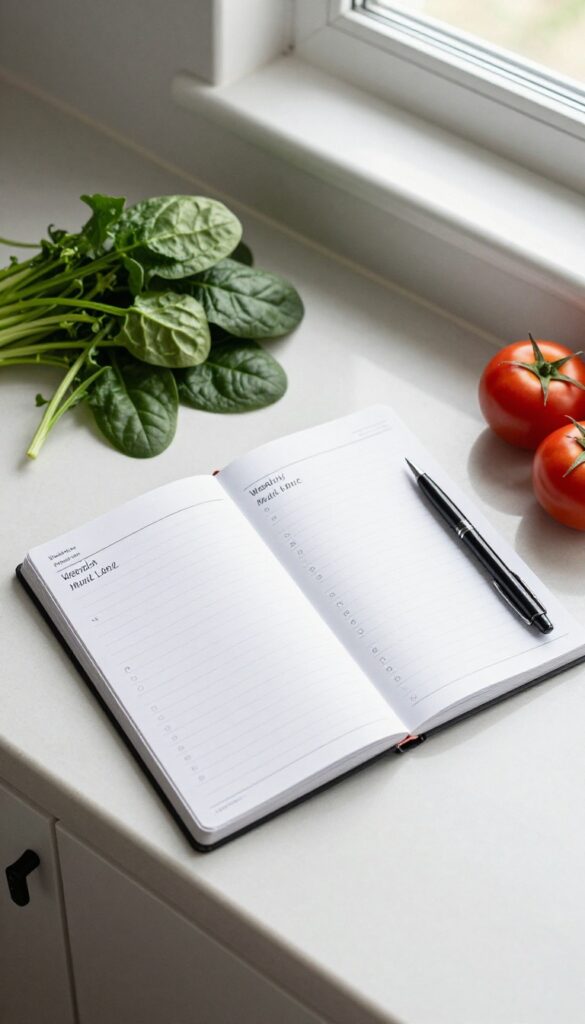Open meal planner notebook with pen and fresh vegetables on a kitchen counter