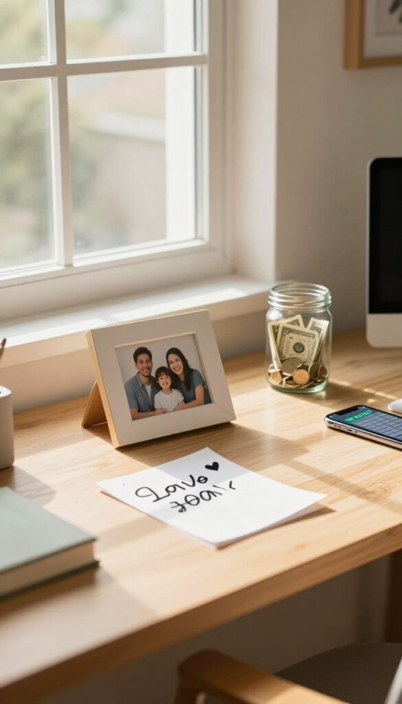 A desk with a family photo, a note with a heart, a savings jar, and a phone displaying a savings goal tracker, all in warm natural light.