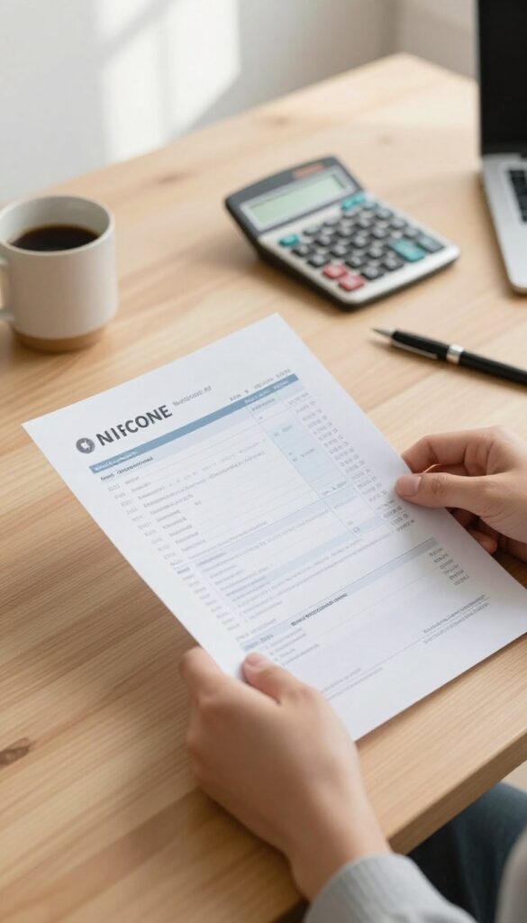 Person holding a pay stub on a desk with calculator and coffee, soft natural light, minimalist financial planning scene