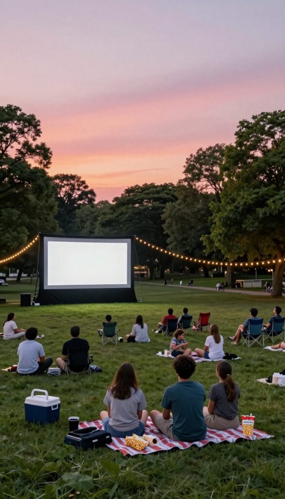 People enjoying a free outdoor movie night in a park, picnic blankets and string lights, summer evening atmosphere.
