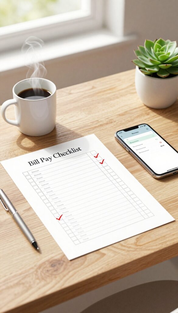 A wooden desk with a printed bill pay checklist, checkboxes checked off, a red pen, coffee mug, succulent, and smartphone, bright natural light, organized and clean composition.