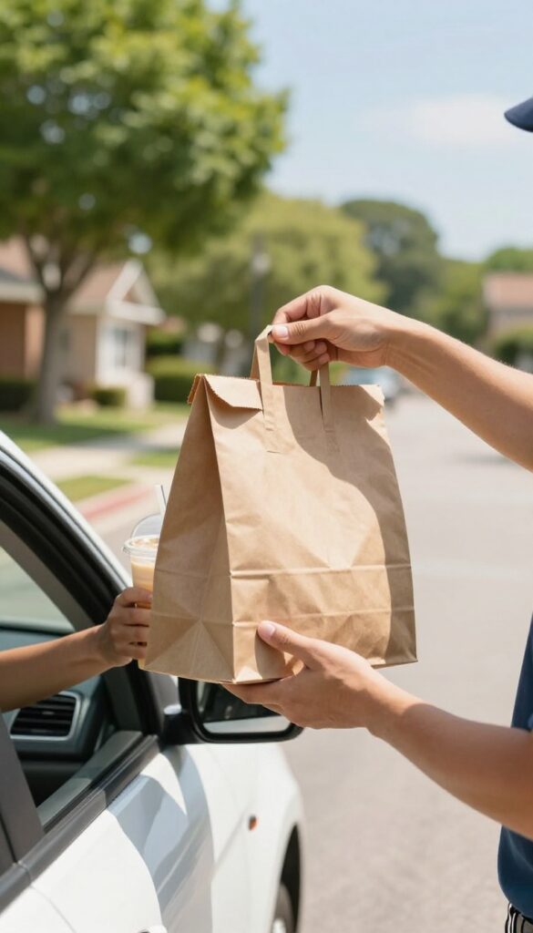 A delivery person handing a takeout bag to a customer through a car window on a sunny street.