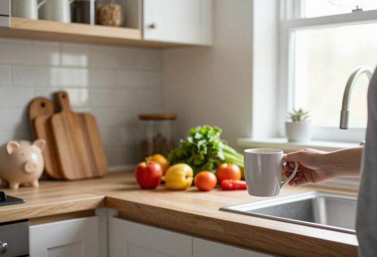 Person holding a mug of homemade coffee in a bright kitchen with fresh produce and a piggy bank, representing frugal daily routines.