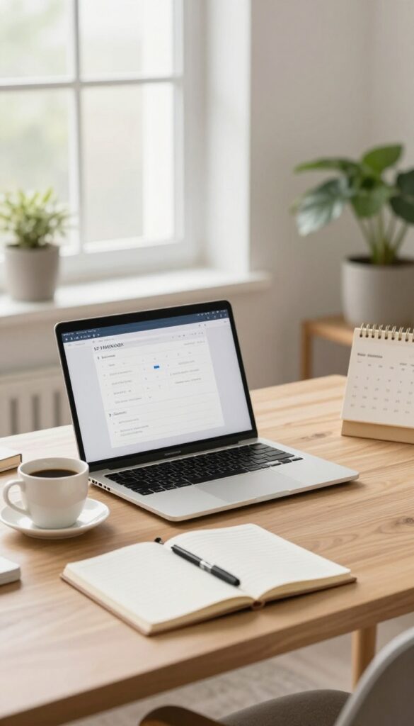 A tidy home office setup with a laptop, coffee, notebook, and calendar, bathed in natural light.