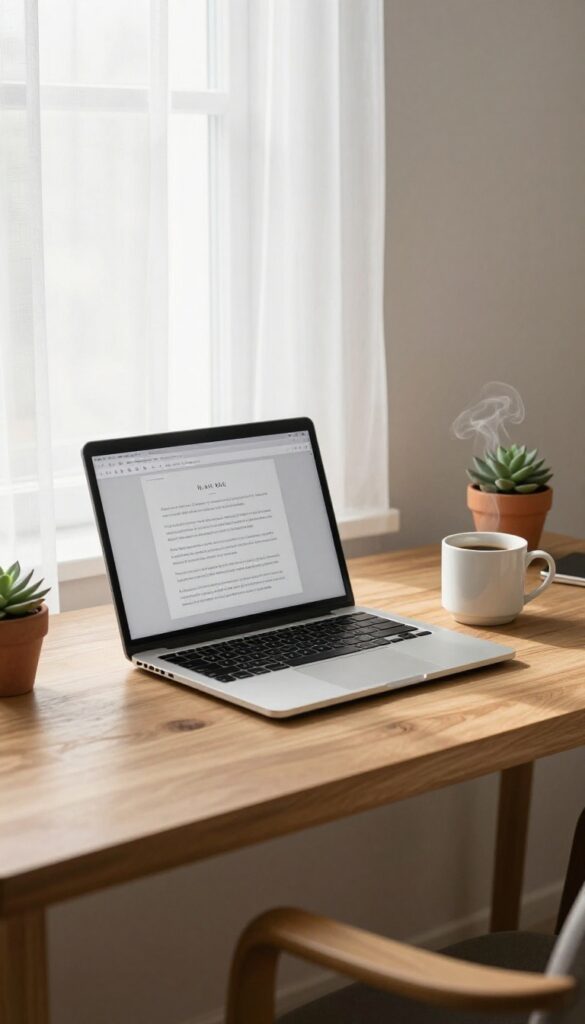 Cozy home office setup with laptop and coffee for blogging