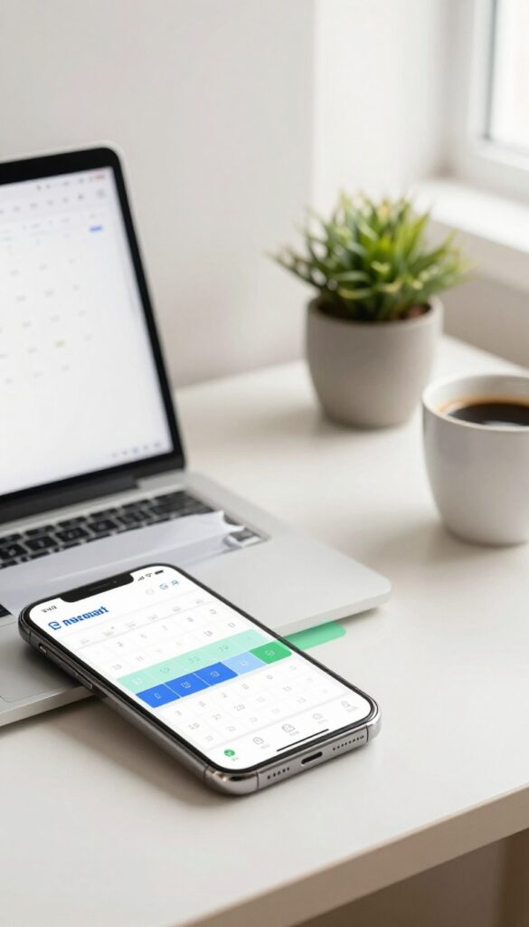 A budget calendar on a desk with color-coded pay periods and bills, smartphone, coffee, and plant in natural light.