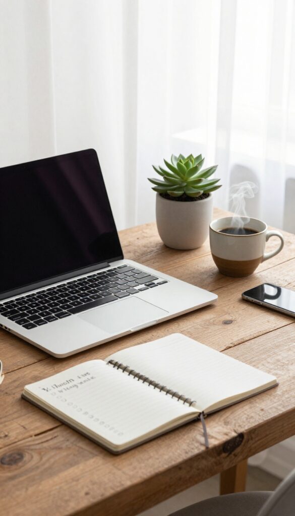 Flat lay of a blogger's desk with a laptop, notebook checklist, coffee, and succulent in natural light.