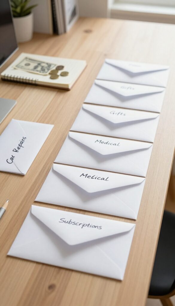 Envelope system for irregular expenses with labeled envelopes and cash on a desk