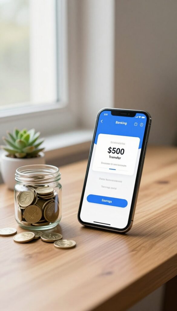 A wooden desk with a smartphone displaying a scheduled automatic transfer to savings, a glass jar with cash and coins, and a small succulent in natural light.