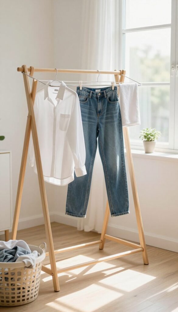 Line-drying clothes on a wooden rack in a bright, sunny laundry room