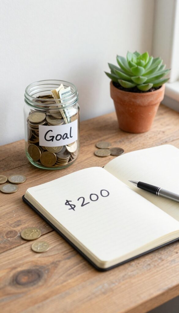 A jar of coins and a notebook with a handwritten savings goal on a wooden desk in natural light