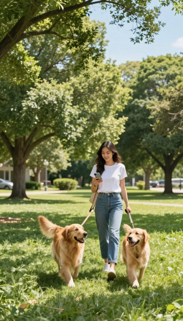 A woman in activewear walking a golden retriever in a sunny park, holding a smartphone, representing a pet sitting or dog walking side hustle.