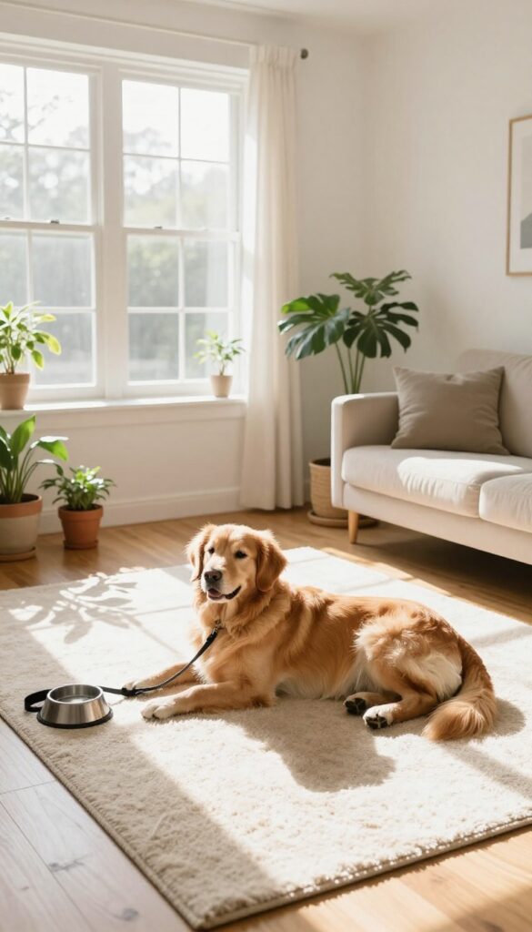 A happy dog resting in a cozy living room with a leash and water bowl, representing pet sitting at home.