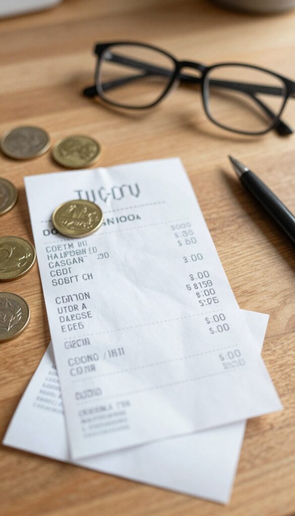 Person reviewing a grocery receipt on a kitchen table with coins and a pen