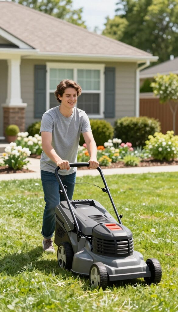 Person mowing a lawn in a sunny suburban neighborhood, representing lawn care as a side hustle.