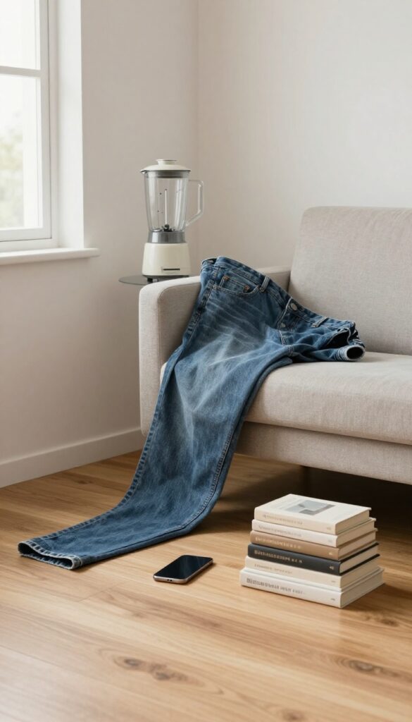 Items arranged for sale on a wooden floor in a bright room