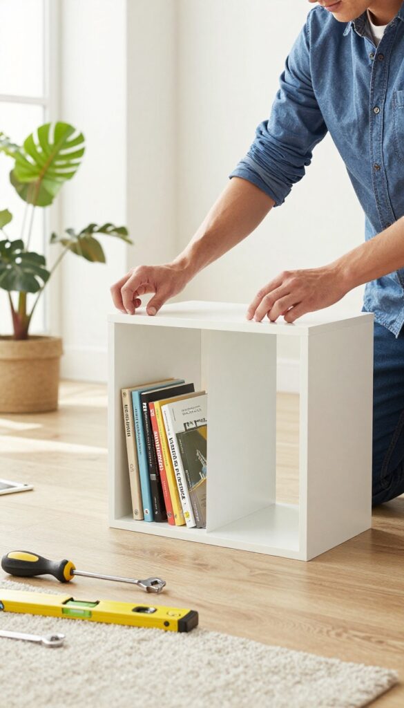 A person assembling furniture with a drill in a bright room, toolkit nearby, representing a handyman side hustle.