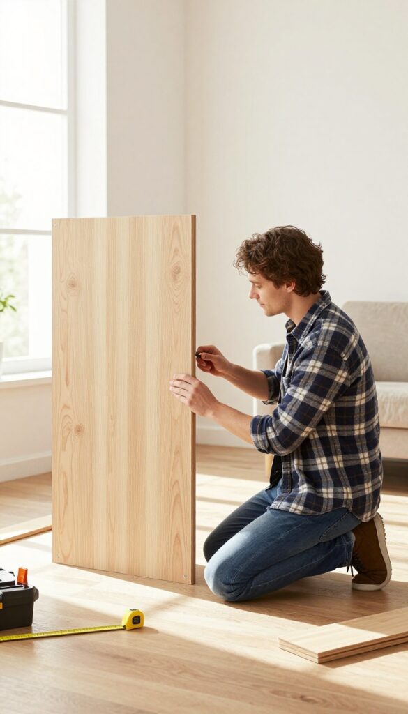Person assembling IKEA furniture in a sunlit living room with tools nearby.