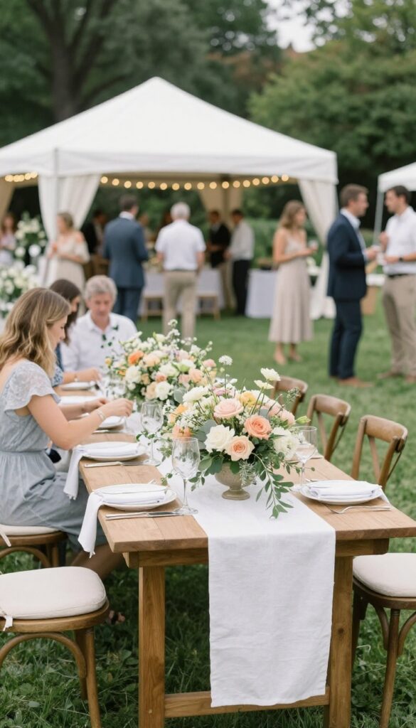 Outdoor event planning setup with floral centerpieces and tent