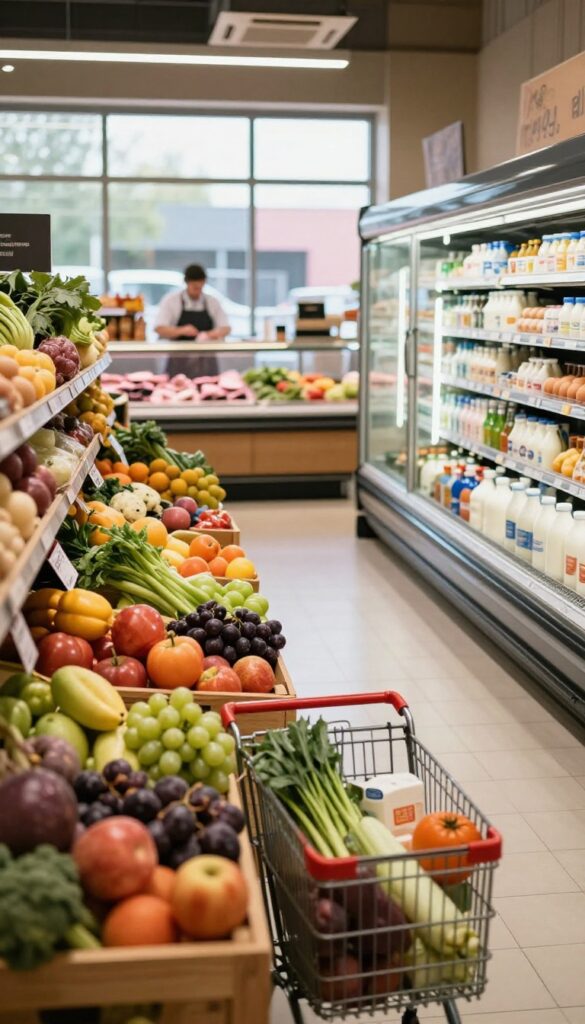 A shopping cart filled with fresh produce and dairy in a grocery store perimeter aisle, with fruit and vegetable displays on one side and refrigerated dairy on the other.