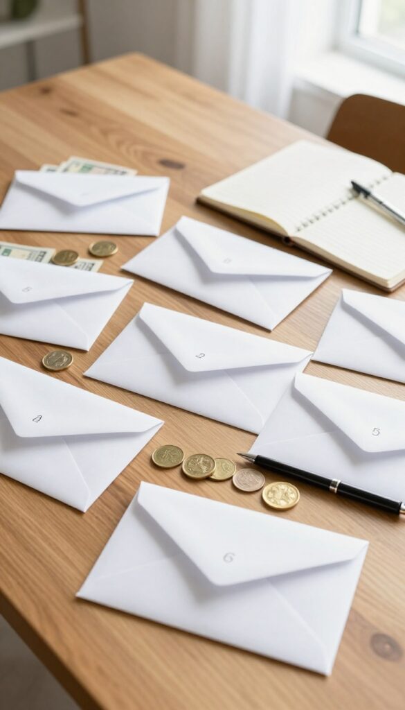 Envelope system for budgeting with cash envelopes and notebook on a wooden table